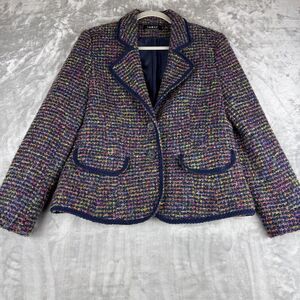 Vtg Tribal‎ Bulgaria Tweed Blazer Women's 12 Navy and Rainbow Wool Blend (1129)